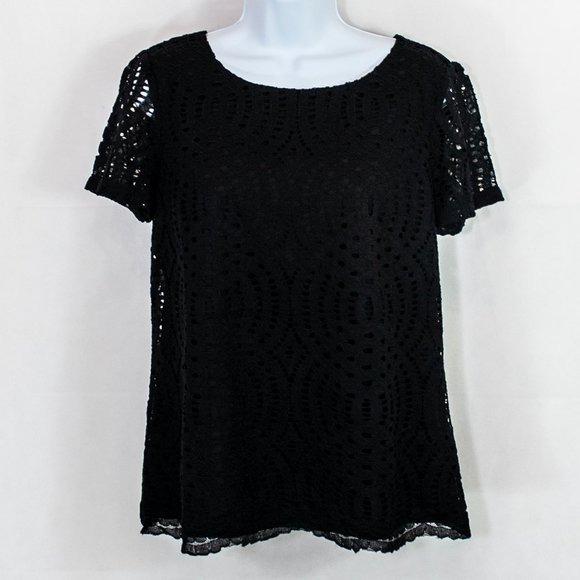 J. Crew Tops - J Crew Lace Tee Black Overlay Keyhole 2 0401X